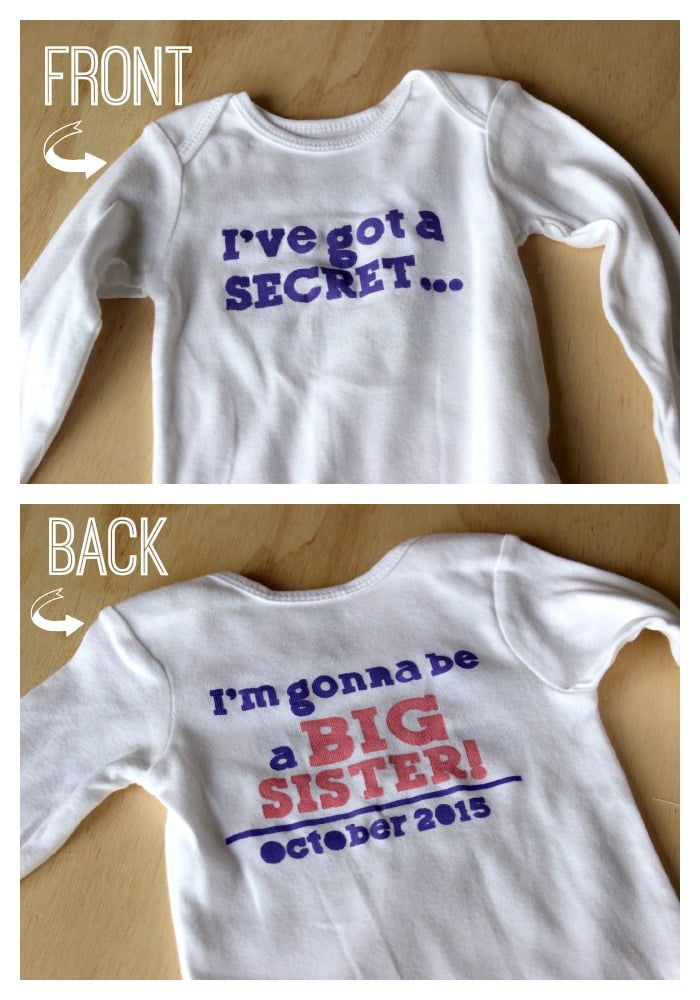Completed front and back side of the pregnancy announcement for a second baby onesie