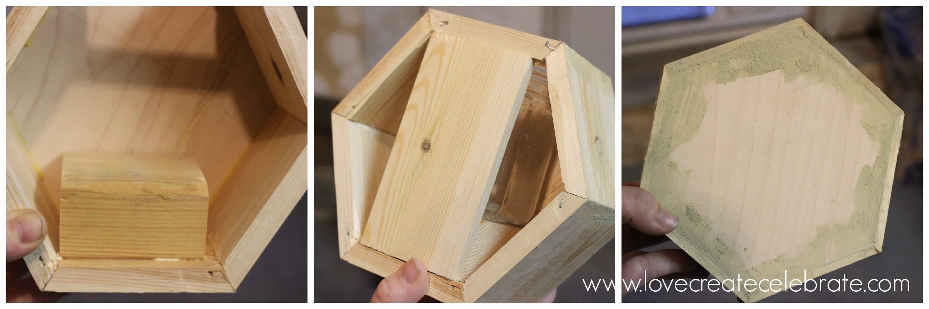 Cut a wooden piece for the jar to sit on inside, and cover the back opening length-wise