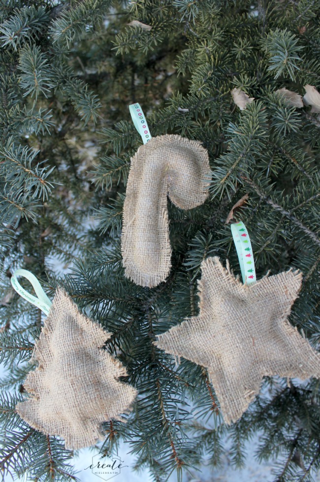 burlap ornaments on a tree