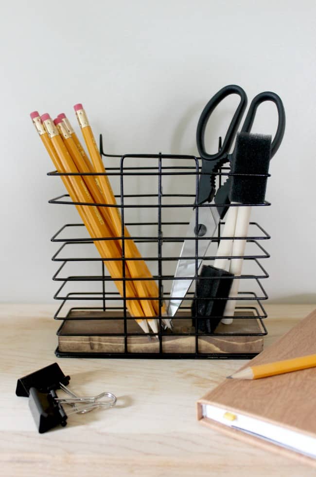 Perfect desk organization idea! Love the rustic industrial vibe. Perfect for my office, or my teen going off to college!