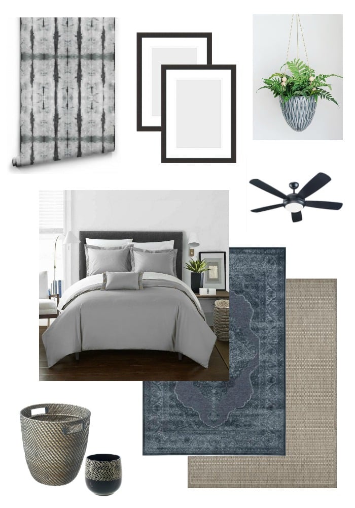Beautiful design plans for a modern master bedroom retreat. LOVE the grey, black and blue palette! 