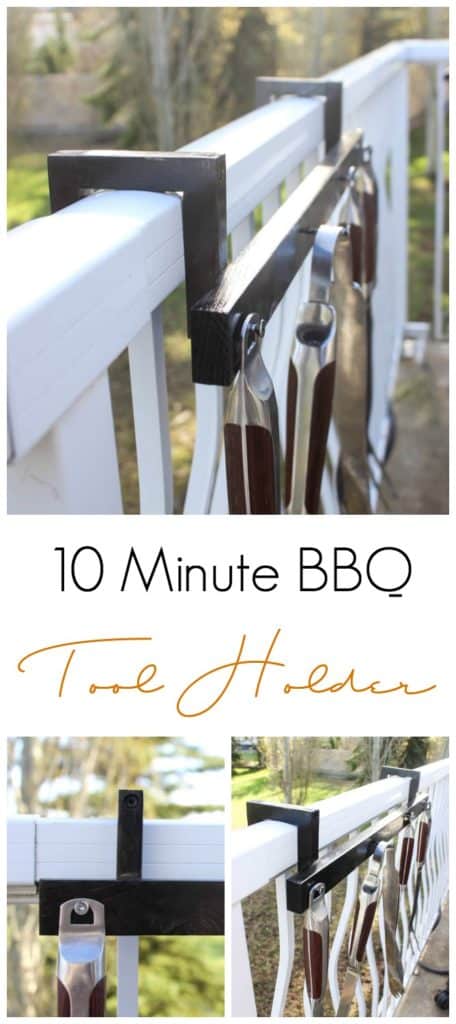 Build the perfect deck accessory in just 10 minutes with this DIY BBQ utensil holder. Modify it to fit your own deck rails. Perfect DIY for men! Any husband, father, or guy who likes BBQing would love one!