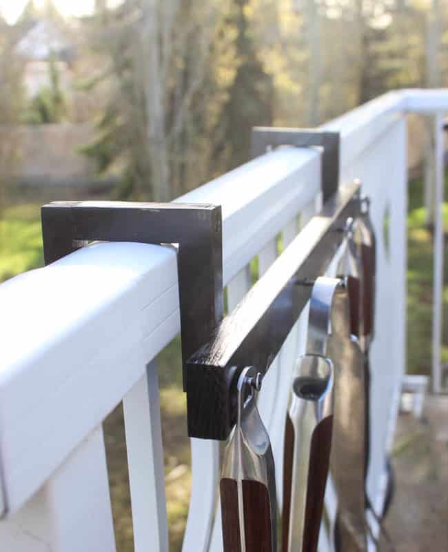 Build the perfect deck accessory in just 10 minutes with this DIY BBQ utensil holder. Modify it to fit your own deck rails. Perfect DIY for men! Any husband, father, or guy who likes BBQing would love one!