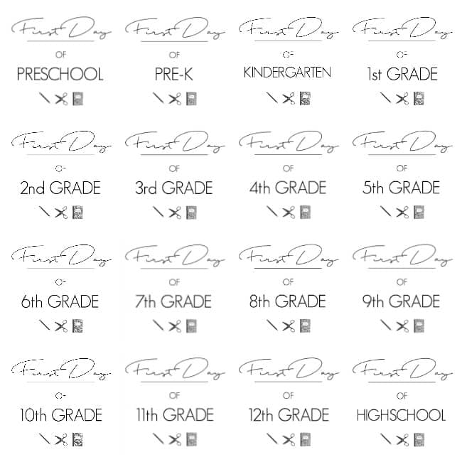 Modern Printables for your little girl or boy's first day of school. These Printables start at preschool, but can be used through every grade until they are finished high school! LOVE this pretty alternative to mark the new school year!