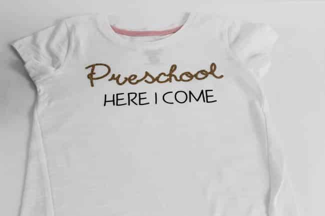 Finished t-shirt with text "Preschool here I come"