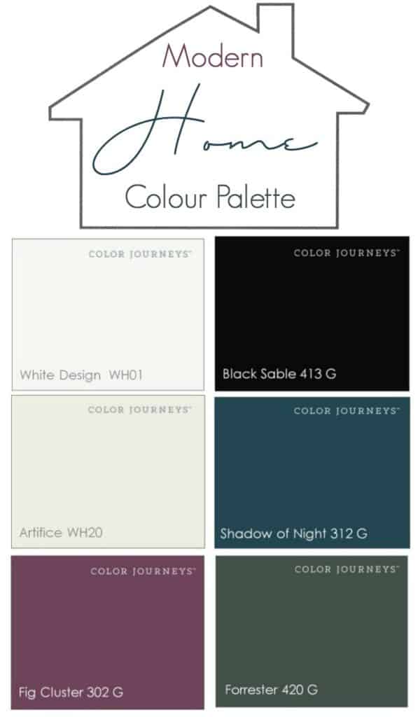 A collage of images showing a colour scheme, including white, black, artifice, shadow of night, fig cluster and forrester colours, with a text overlay "Modern Home Colour Palette"