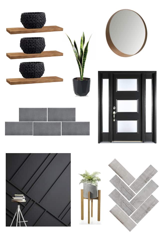 Wow! Beautiful modern entry design plans! Watch these homeowners transform this outdated mudroom into a beautiful, functional, and affordable entry! Love the black, white and wood colour palette and the herringbone floors in the new design!