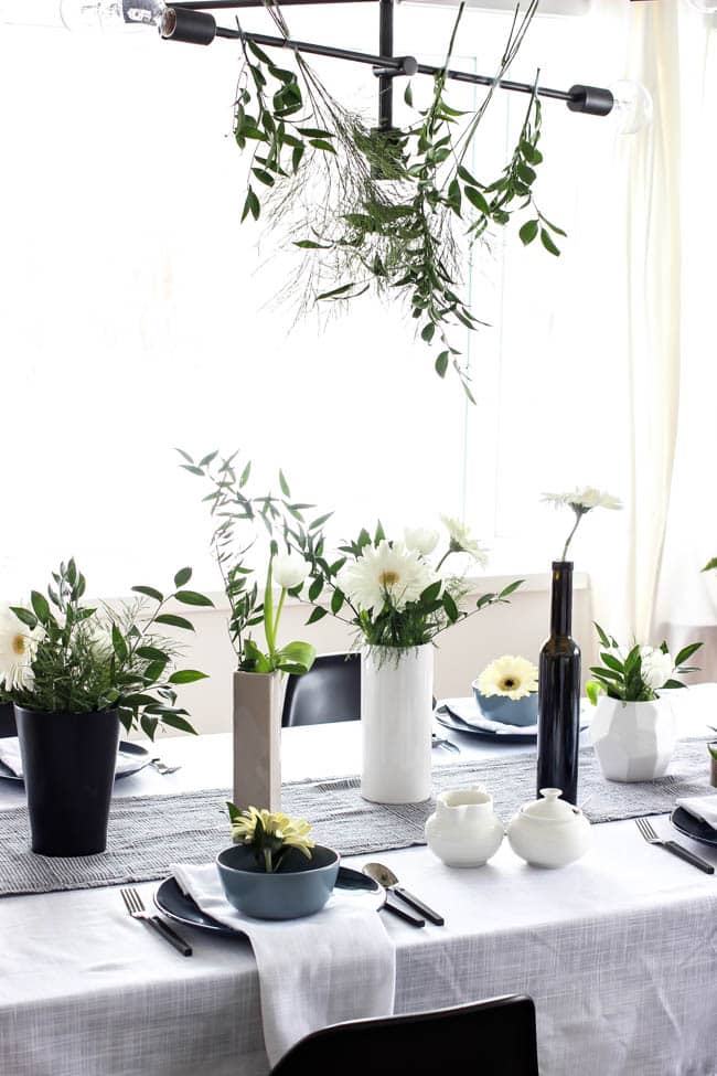 Modern flower arrangements on a tablescape