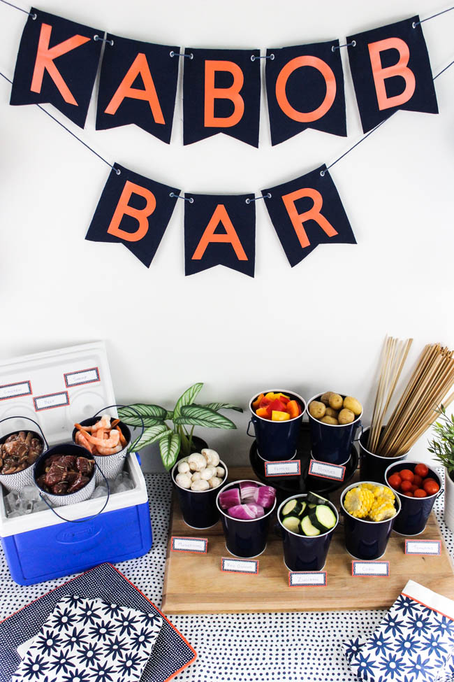DIY Shish Kabob Bar! What an amazing idea for entertaining friends and family! Set-up your kabob bar by the BBQ and let everyone enjoy their own delicious shish kabobs.