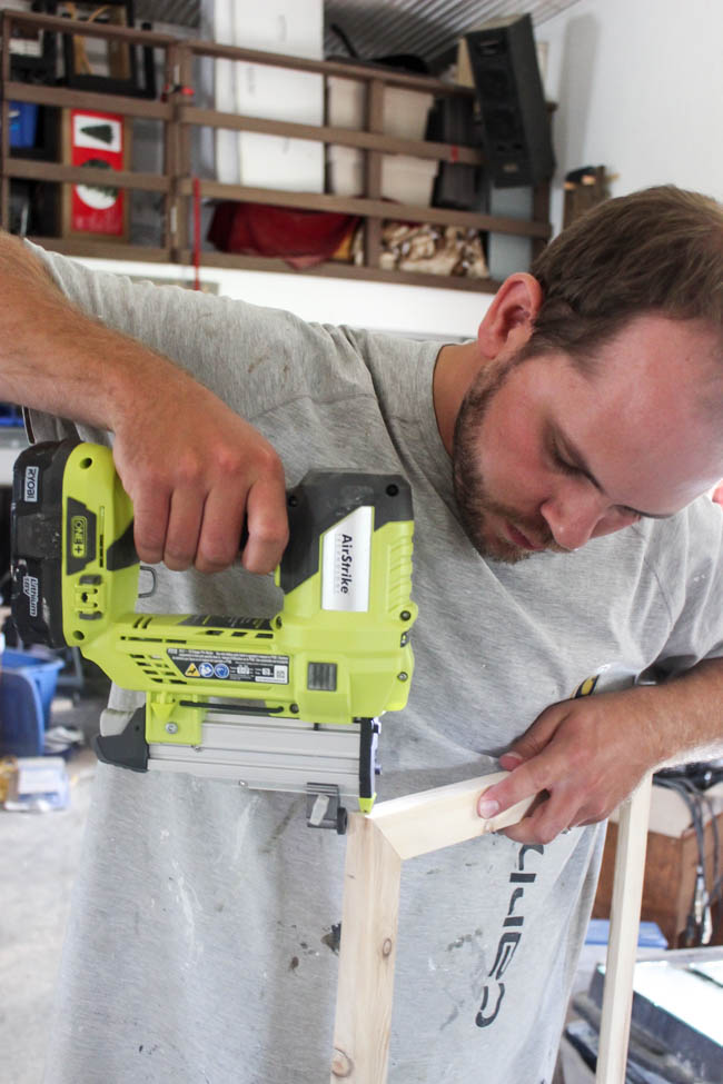 Use your pin nailer (we like the Ryobi air strike) to nail your wood pieces together