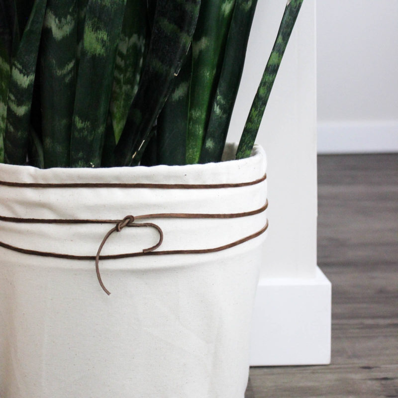 LOVE this budget-friendly planter! Make your own DIY canvas planter with an old bucket and some fabric. A beautiful modern DIY idea!