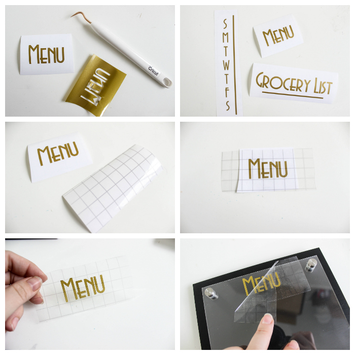 A simple, modern kitchen menu board. Love this meal planning idea! A simple way to create a weekly meal plan and grocery list. An easy vinyl project for Cricut beginners! #cricut #organization #mealplanning #kitchenorganization