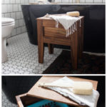 A stunning modern bathroom stool! Love the design of this teak bathroom stool. The removable lid reveals the hidden storage - a genius idea for storing your bathroom toys! The slats underneath allow the water to seep out naturally. A great bathroom idea with free build plans! #freebuildplans #modernbathroom #DIY #woodworking #teak