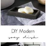 Sleek modern soap dish! Love this easy modern DIY using leftover tile! Love the chic and masculine feel to this modern DIY project on a budget. Looks amazing in this modern bathroom! #budgetfriendly #modernbathroom #basalt #leftovertile #makeover