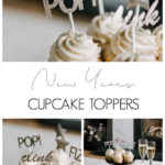 Perfect New Years Cupcake Toppers! Love these gold toppers for a Gold, Black and White New Years Eve Party! Easy to make with the Cricut! #NewYears #gold #party #cupcaketoppers