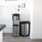 Water cooler and trash can with text overlay reading "before"