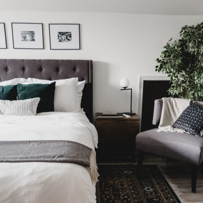 grey, white and green master bedroom palette