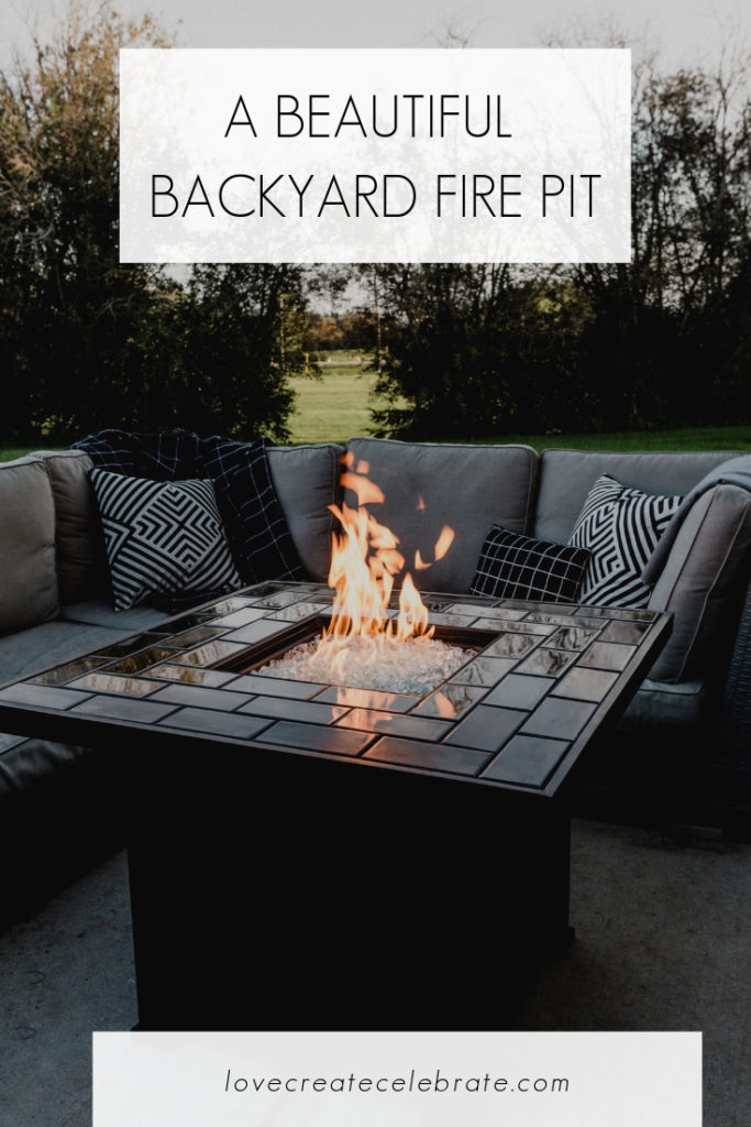 Backyard fire pit photos with text overlay reading "a beautiful backyard fire pit"