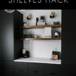 Photo of beautiful wooden office shelves with text overlay reading "IKEA Floating shelves hack"