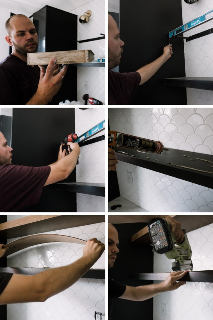 Photos of installing IKEA shelf and veneer for an IKEA shelf hack