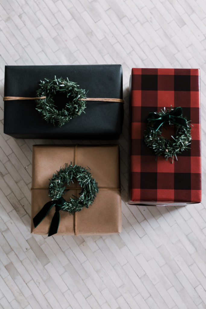 modern gift wrap with mini wreaths