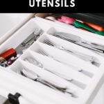 Organized utensil drawer with text reading "8 Easy Tips to Organize Your Utensils"