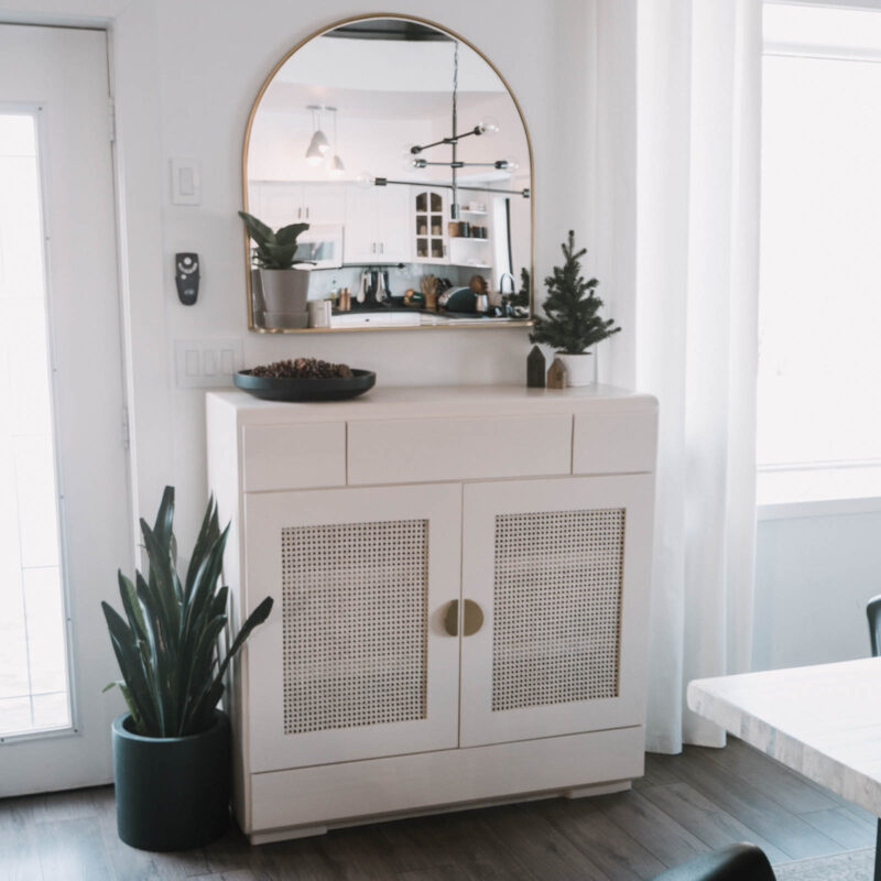 Modern farmhouse cabinet makeover with cane