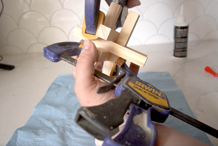 square dowels clamped together using mini clamps
