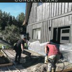 pouring fresh concrete into forms over rebar with text reading Ultimate Guide to Pouring Concrete Slab