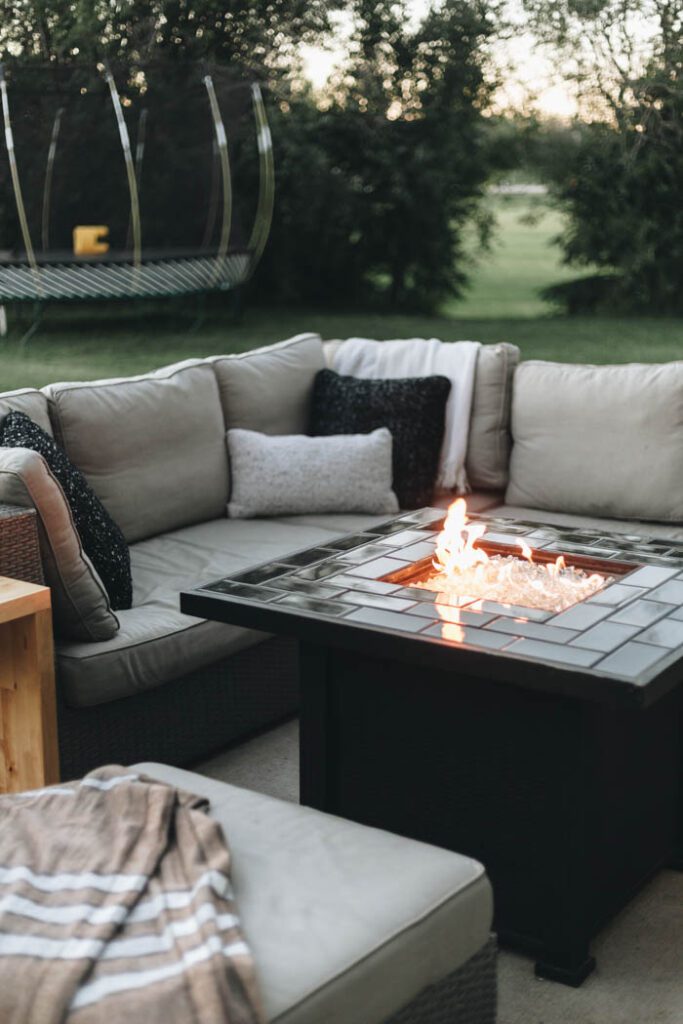 backyard fire table and fall patio decor