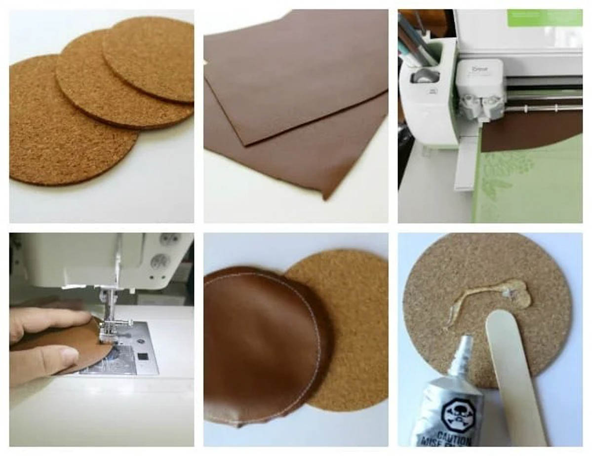 Image collage creating DIY coasters with leather