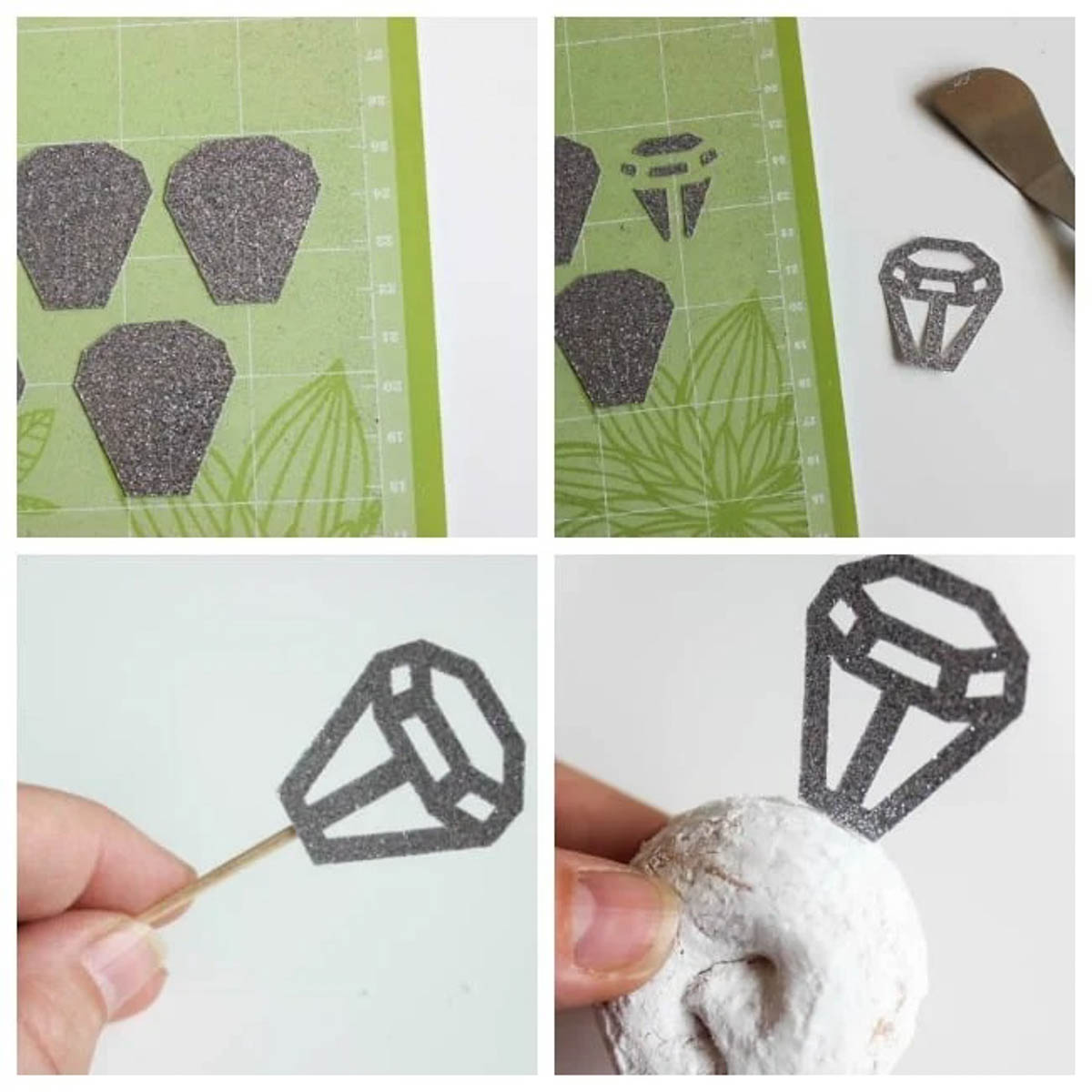 Weeding the cardstock diamonds as food decorations for the bridal shower decor