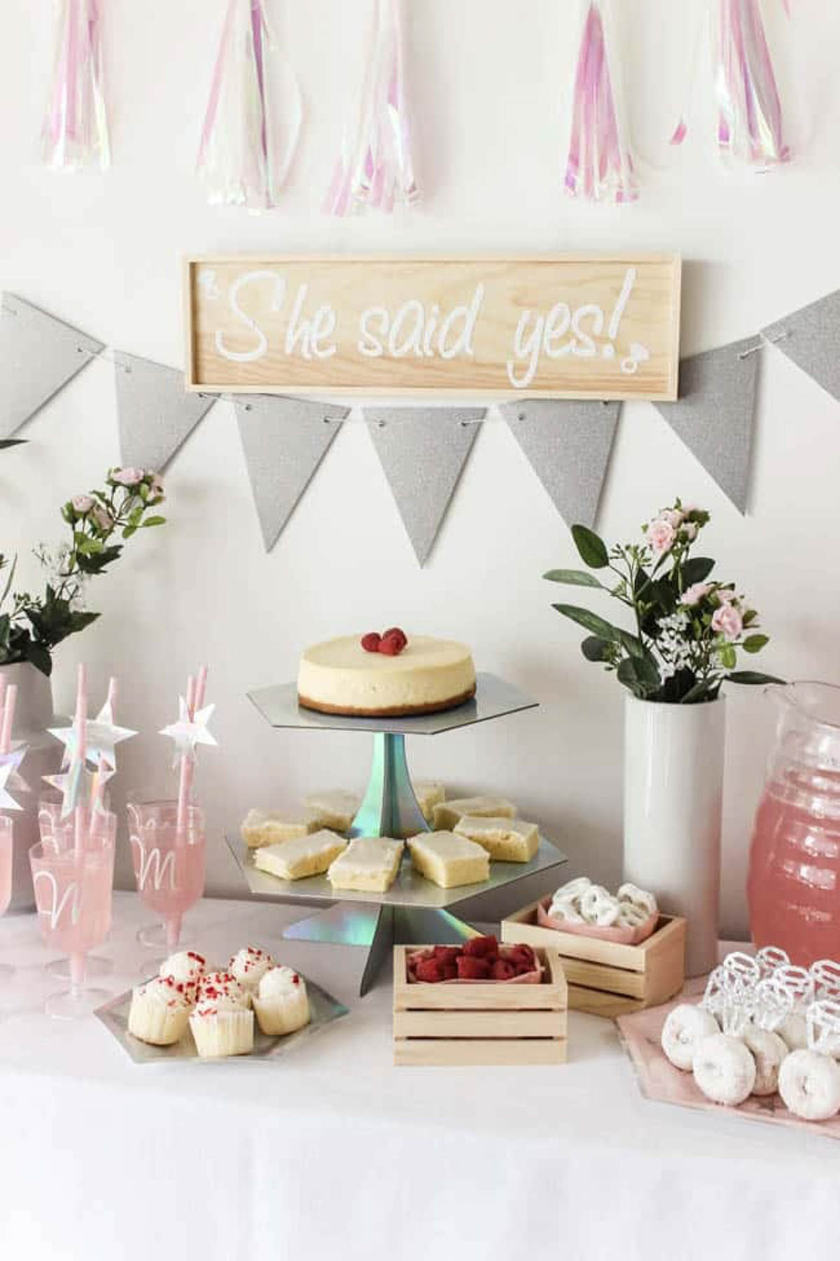Decorated dessert table for a bridal shower