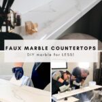 collage of DIY pictures for making a faux marble countertop