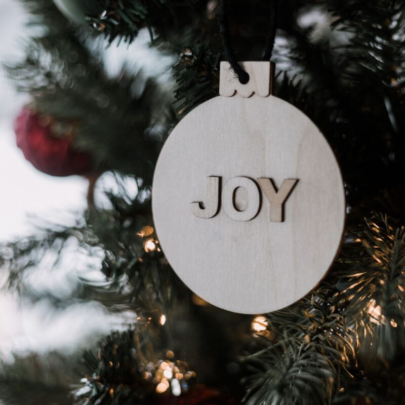 wooden joy Christmas ornament made from Dollar Store supplies