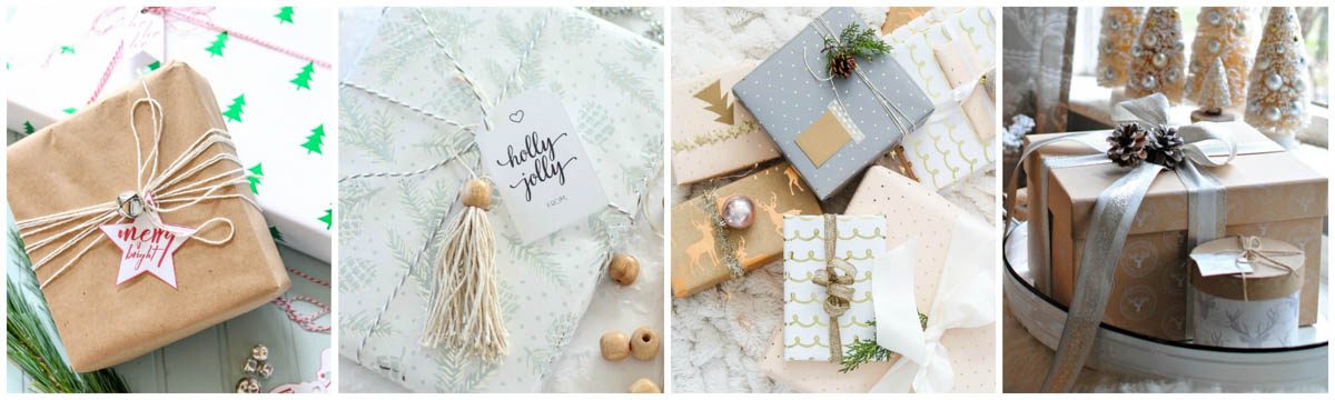 Image collage of DIY gift wrapping ideas.