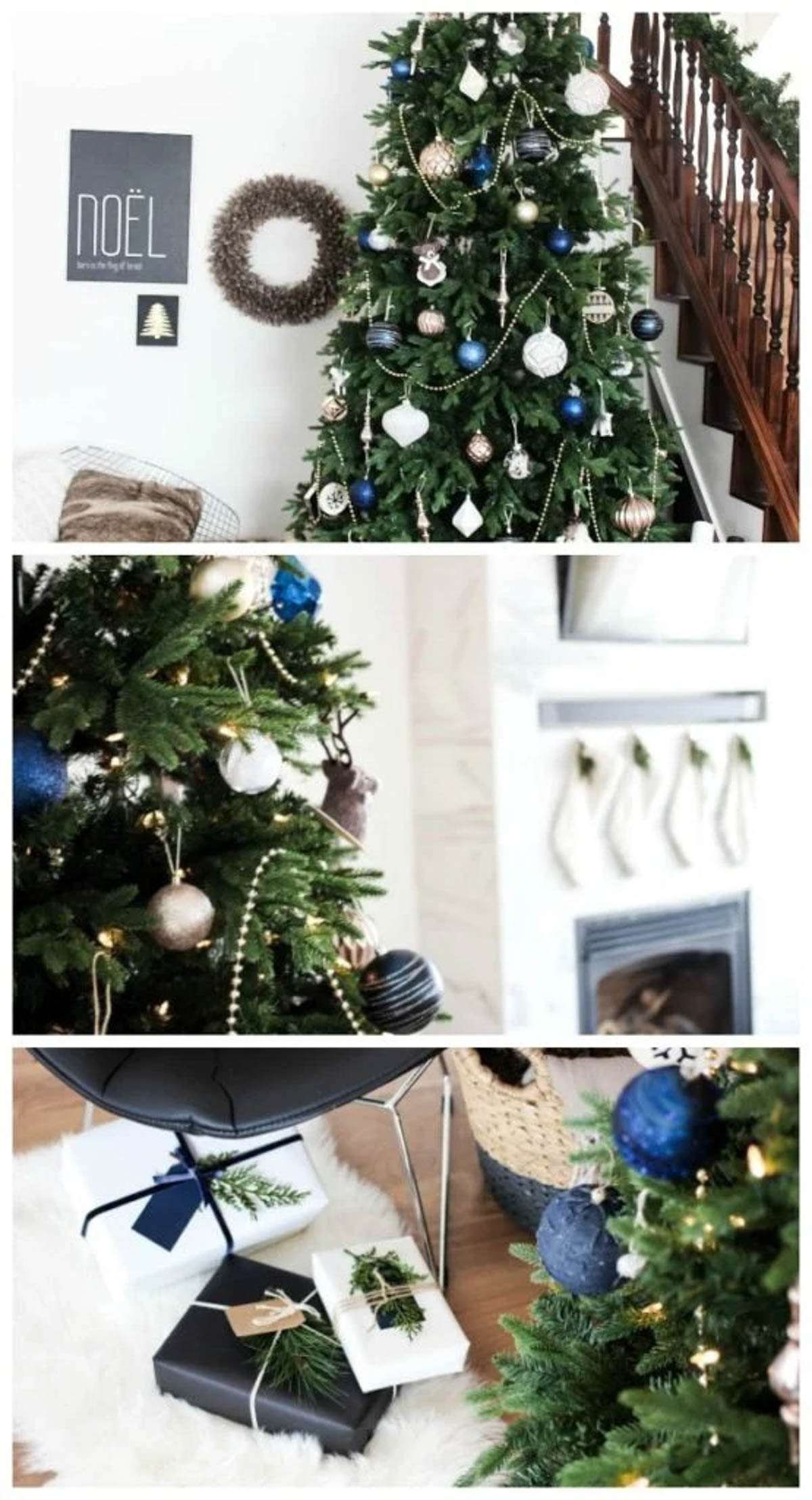 Image collage of a decorated designer Christmas tree.