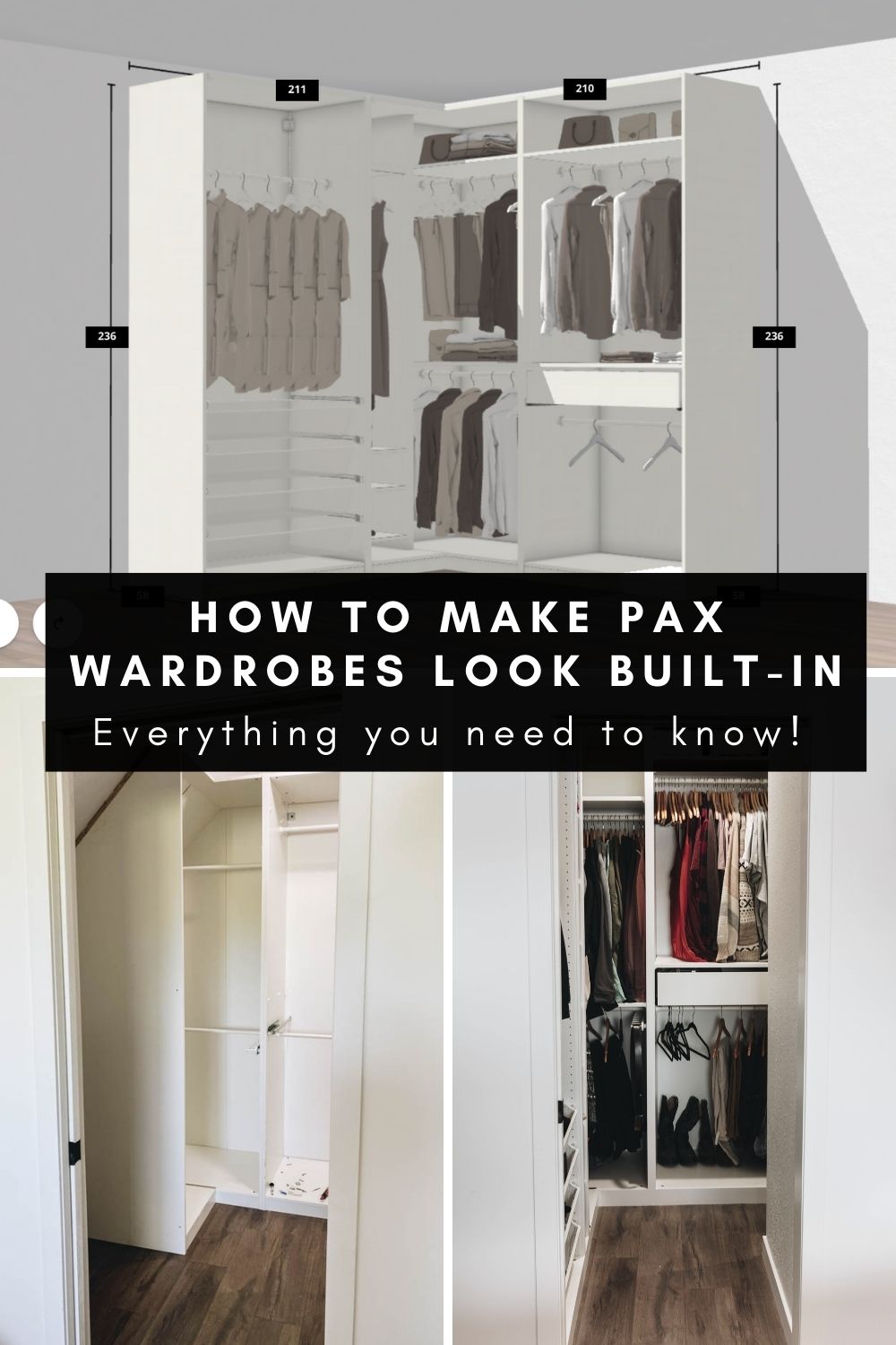 collage of before and after photos for how to make pax wardrobes look built-in