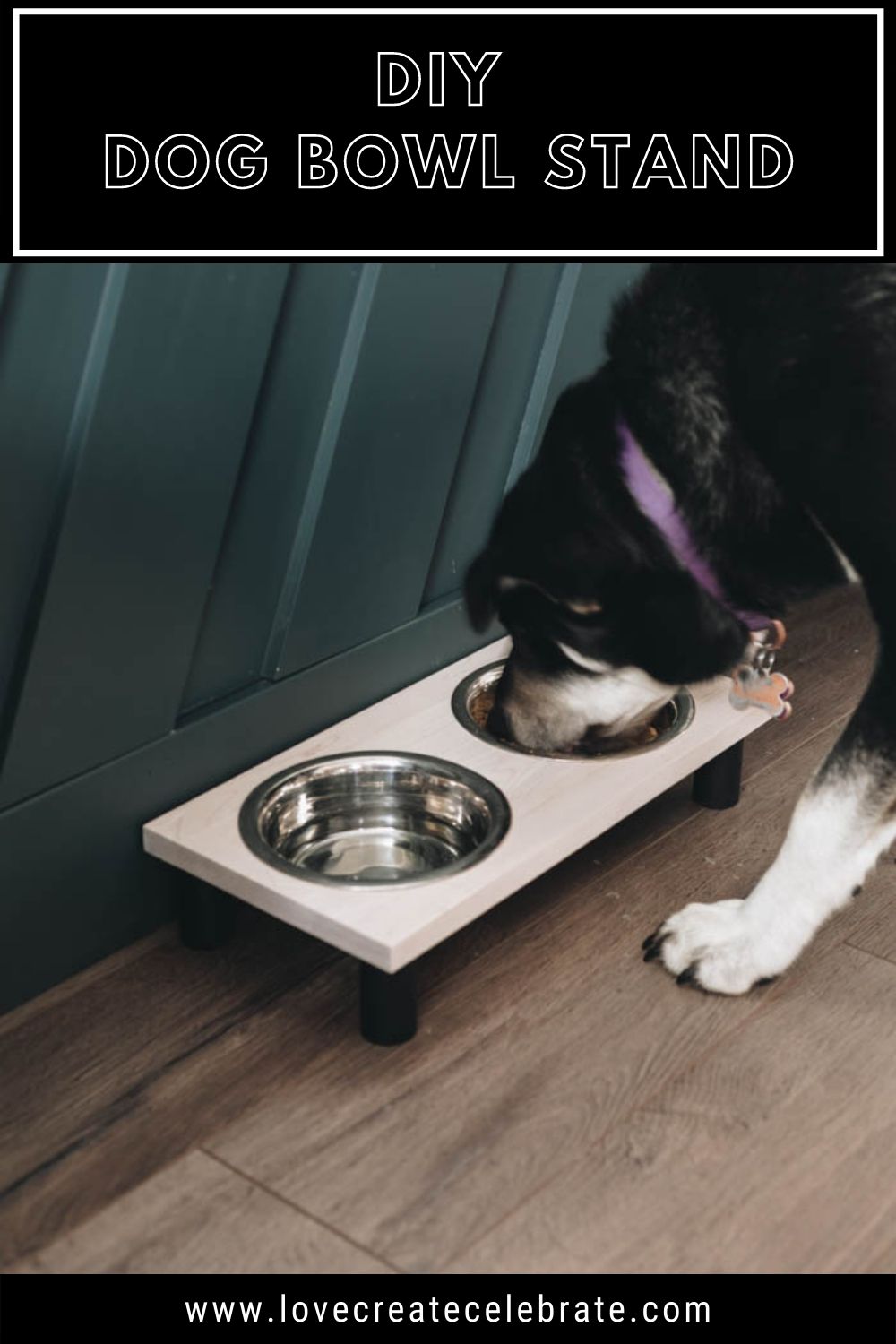 dog eating from DIY dog bowl stand with text overlay "DIY Dog Bowl Stand"