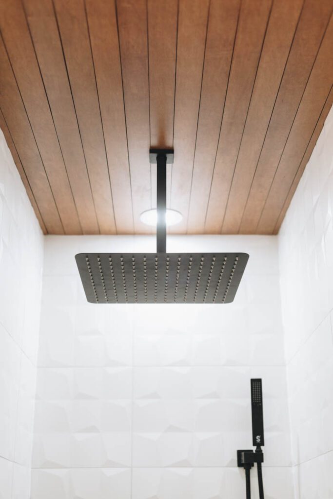 finished DIY wood ceiling in the shower