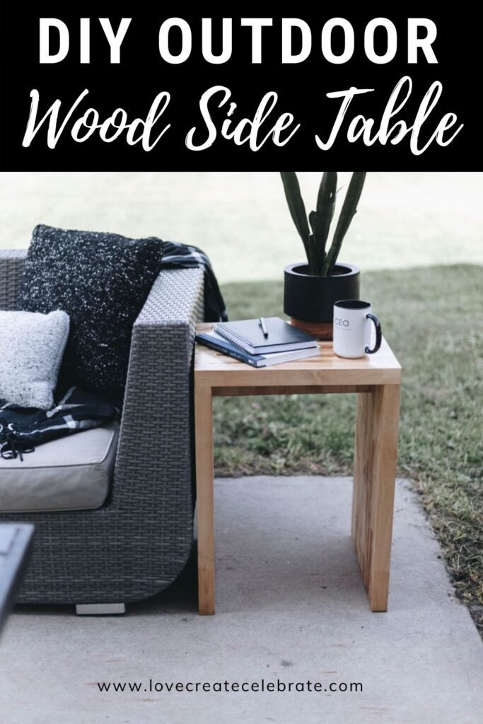 Image of outdoor wood side table with text overlay " DIY Outdoor Wood Side Table