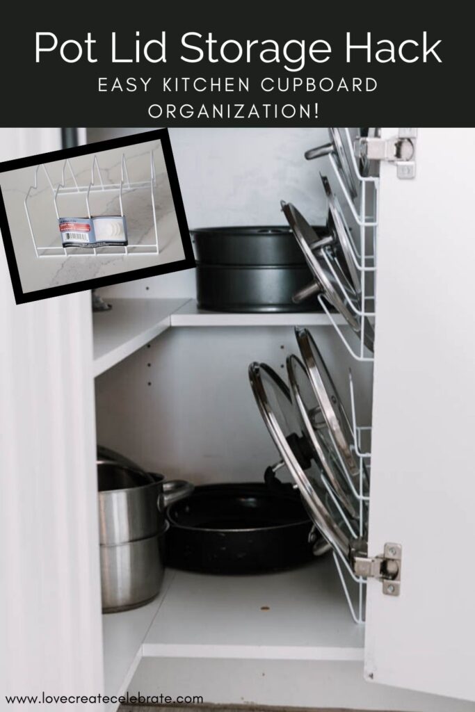 kitchen cupboard storage hack with text overlay "Pot lid storage hack easy kitchen cupboard organization"