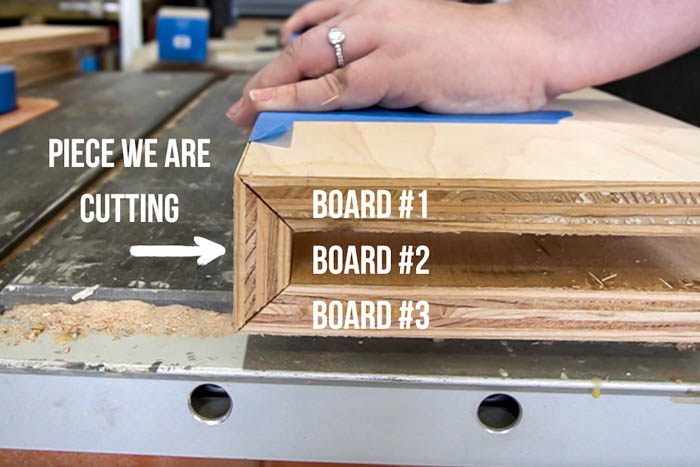 Close up of Floating Shelf with text overlays "Piece we are cutting" and "board #1", "board #2" and "board #3"