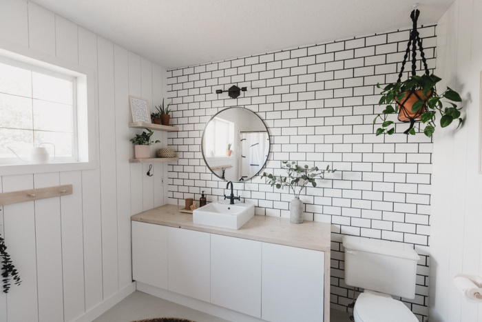 white and black tile with natural wood
